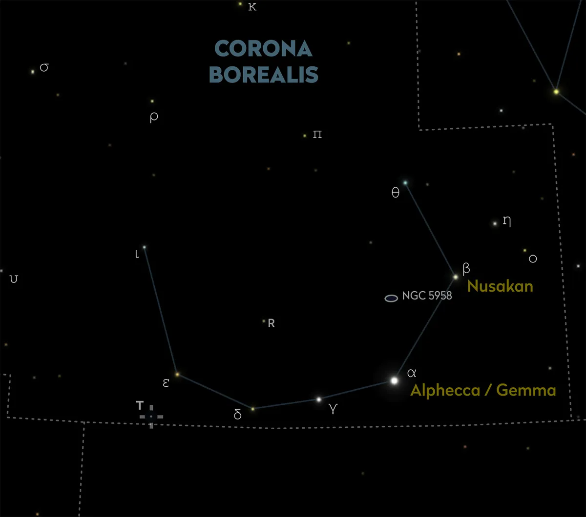 Chart showing the exact location of star T Coronae Borealis, expected to go nova some time soon. Credit: Pete Lawrence
