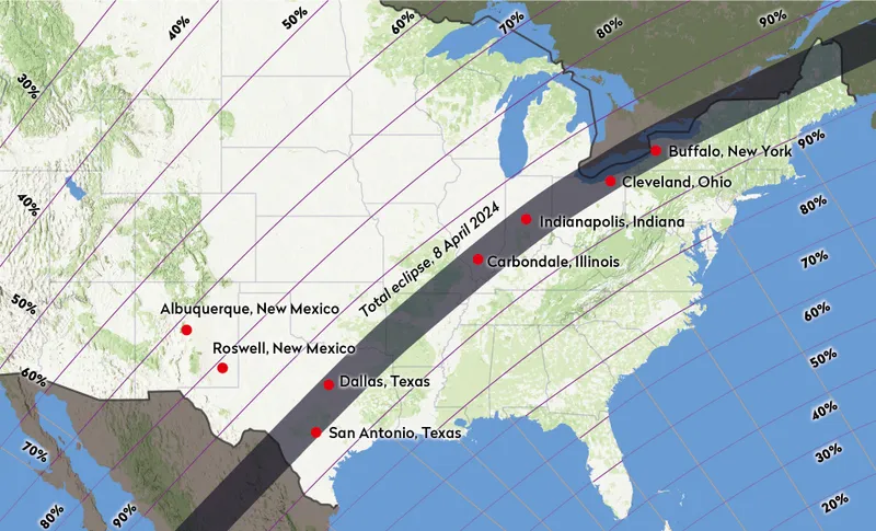Map showing the path of the April 8 total solar eclipse. Credit: BBC Sky at Night Magazine / Paul Wootton