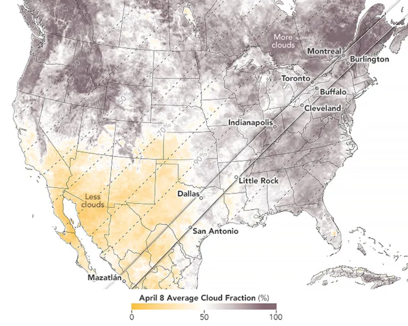 This NASA Earth Observatory map shows average cloud cover across the USA on the date of April 8, from 2003 to 2023, suggesting the best place to observe the solar eclipse will be in the southwest. Credit: NASA