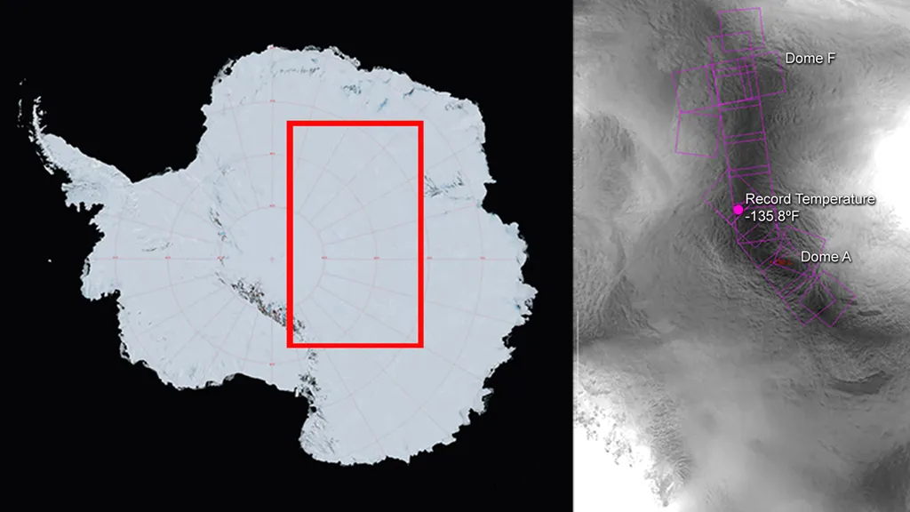 Temperatures at the coldest place on Earth were recorded in a region between two summits, Dome A and Dome F, on the East Antarctic Plateau. Credit: NASA's Goddard Space Flight Center / NSIDC/Atsuhiro Muto