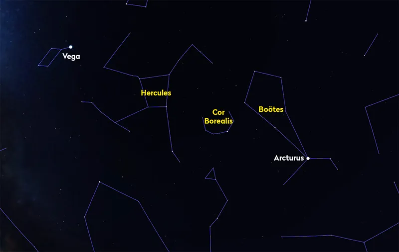 Chart showing the location of the constellation Corona Borealis. Credit: Stellarium