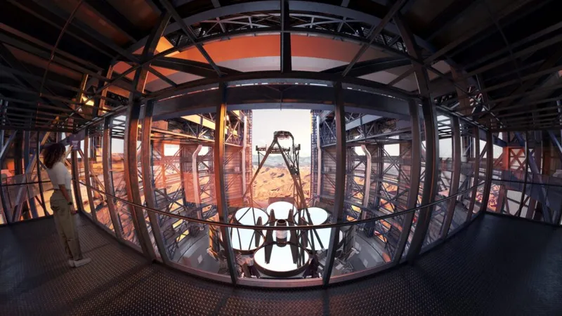 Illustrazione artistica della piattaforma panoramica e dello specchio principale del telescopio gigante di Magellano.  Credito: GMT