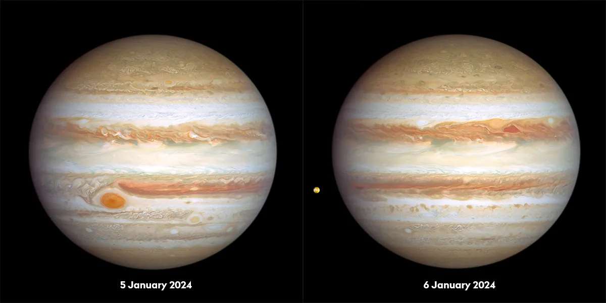 Two images of Jupiter captured on 5-6 January 2024 by the Hubble Space Telescope. Credit: NASA, ESA, STScI, Amy Simon (NASA-GSFC)