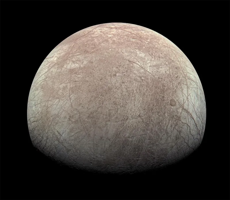 A view of Jupiter's moon Europa captured by the Juno spacecraft during its flyby on 29 September 2022. Credit: Image data: NASA/JPL-Caltech/SwRI/MSSS Image processing: Kevin M. Gill CC BY 3.0 Full Image Details