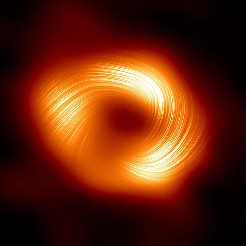 Image of supermassive black hole Sagittarius A* in polarised light, showing the direction of magnetic field lines. Credit: EHT Collaboration