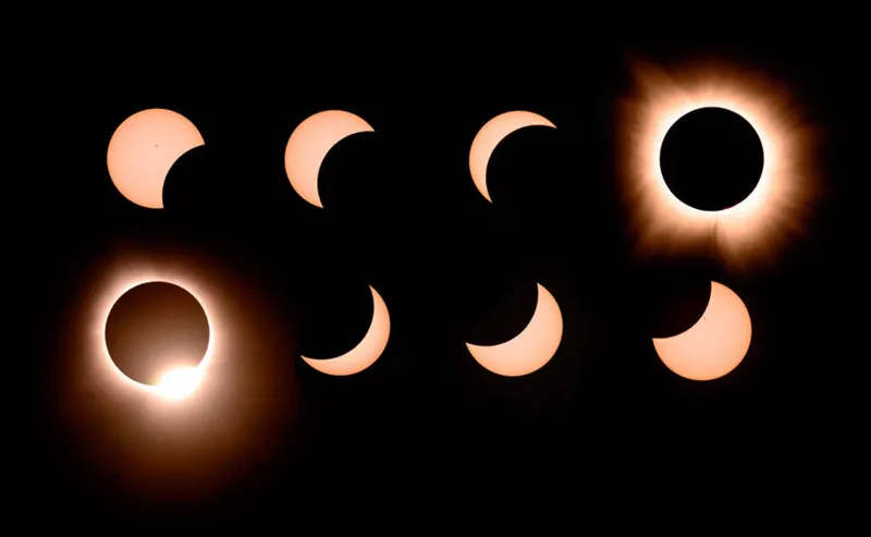 A composite showing the phases of the April 8 2024 solar eclipse as the Moon crosses the Sun. Photo by JOSH EDELSON/AFP via Getty Images