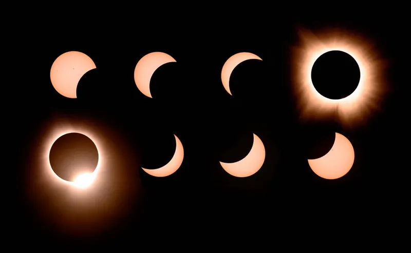 A composite showing the phases of the April 8 2024 solar eclipse as the Moon crosses the Sun. Photo by JOSH EDELSON/AFP via Getty Images