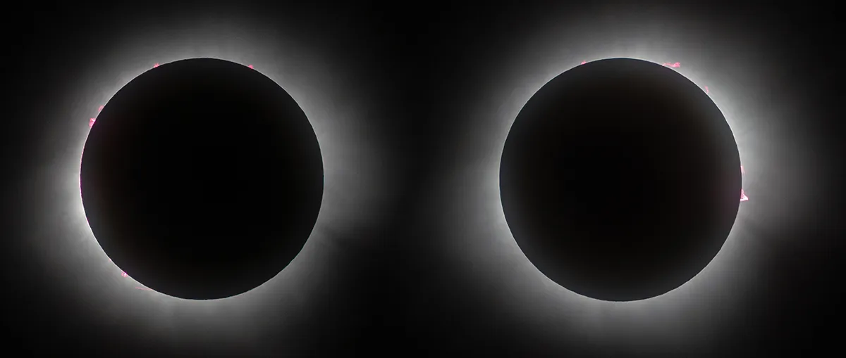 A composite of two images showing the total solar eclipse of April 8 2024, captured from Mazatlan, Mexico. Image of totality to the left captured shortly after second contact and image to the right shortly before third contact. Equipment: Sony A7R3, Sony 200-600mm.
