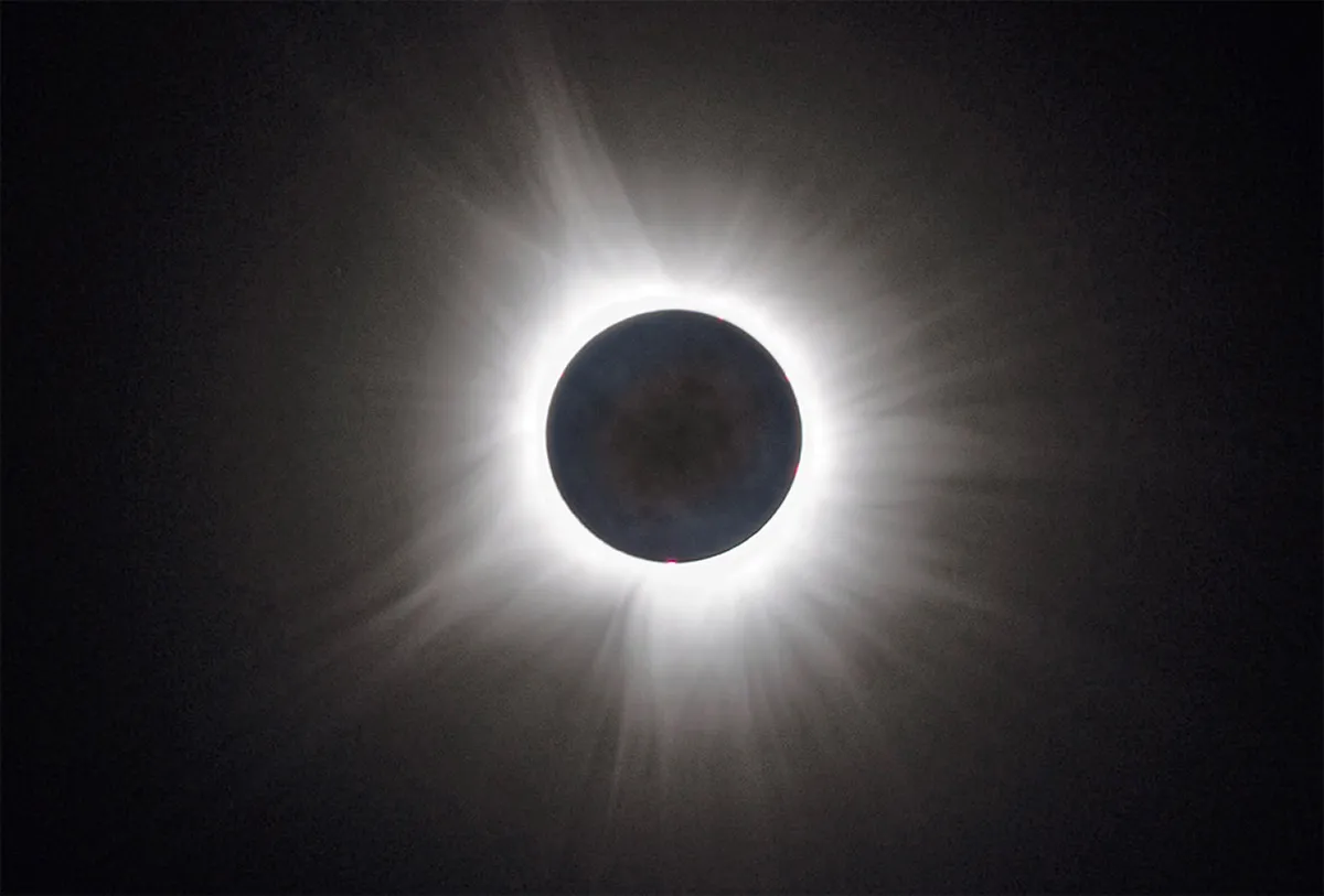 Corona of the April 8 solar eclipse captured by Sonali Deshmukh, Greenwood, Indiana, USA, with a Canon R6 camera, 400mm lens, f8, ISO 100, 1/8s