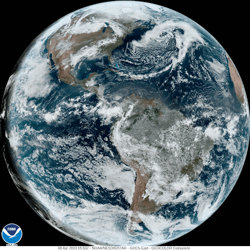 The Moon's shadow passing across the surface of Earth during the April 8 2024 solar eclipse, as seen by the NOAA's GEOS satellite. Credit: NOAA