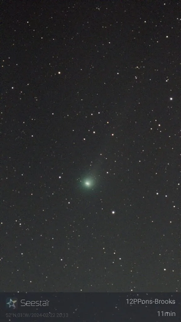 Image of the Comet 12P/Pons-Brooks captured with the ZWO SeeStar 50 smart telescope. 66x 10” frames. Credit: Sarah Peasgood