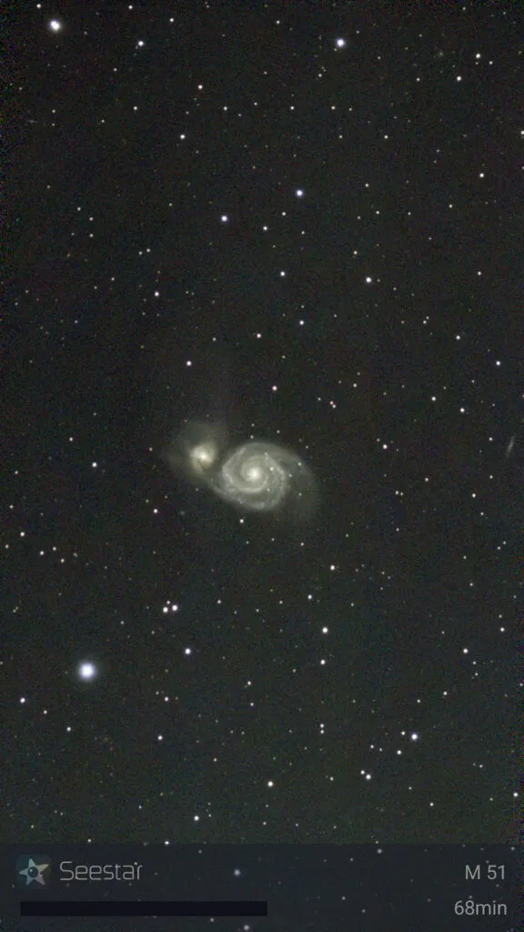 Image of the Whirlpool Galaxy captured with the ZWO SeeStar 50 smart telescope. Compiled from 408x 10” frames. Credit: Sarah Peasgood