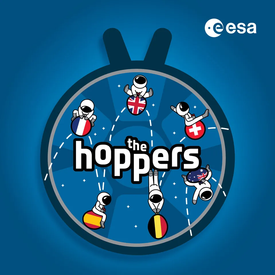 A logo resembling a space hopper. There are six astronauts all bouncing on space hoppers decorated with the flags of the 2022 ESA astronaut class.