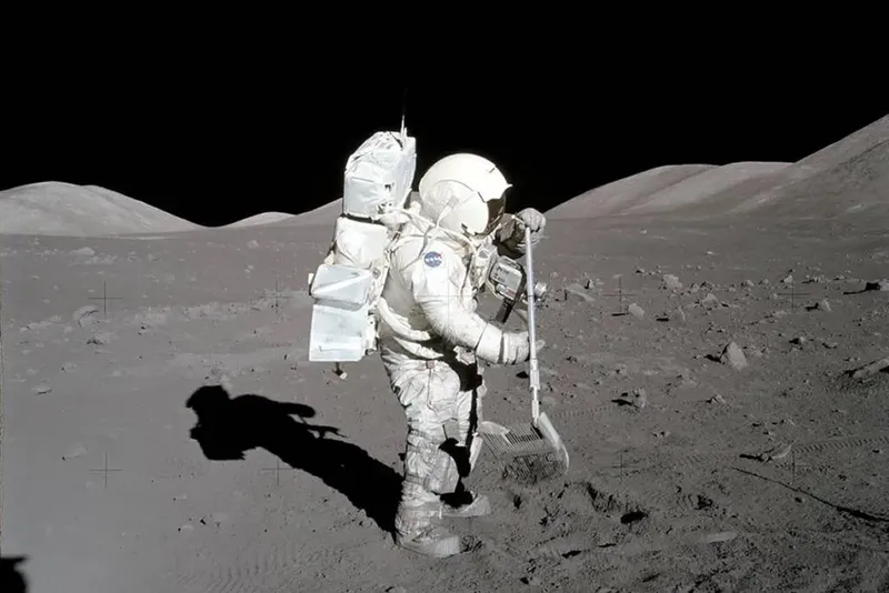 Harrison H. Schmitt collects lunar samples during Apollo 17. Samples like these have enabled scientists to work out how old the Moon is. Credit: NASA