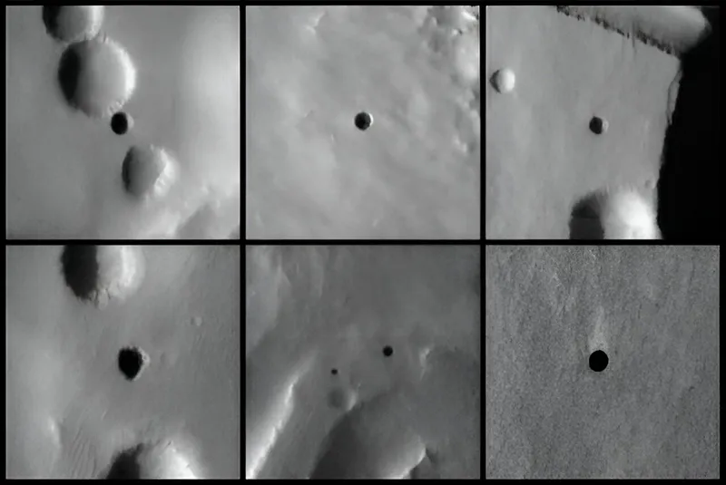 Six images of the holes showing the locations of potential caves on Mars, captured by the NASA Mars Odyssey orbiter. Credit: NASA/JPL-Caltech/ASU/USGS