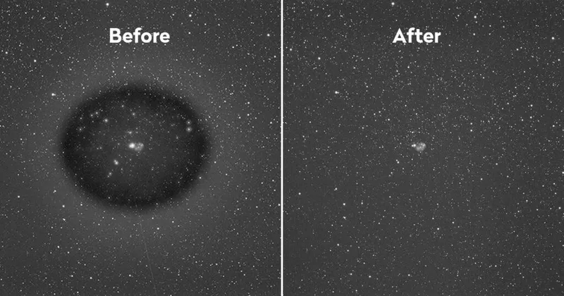 Left: an image ruined by moisture on the astrophotography camera sensor. Right: after recharging the sensor chamber