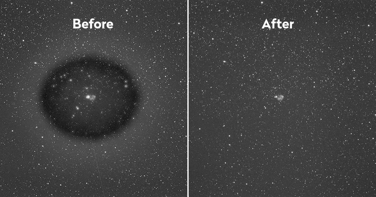 Left: an image ruined by moisture on the astrophotography camera sensor. Right: after recharging the sensor chamber