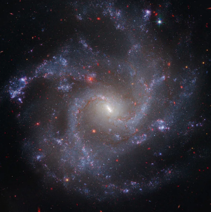 المجرة NGC 5468، التي تبعد 130 مليون سنة ضوئية عن الأرض، هي صورة تجمع بيانات من تلسكوبات هابل وجيمس ويب الفضائية.  هذه هي المجرة البعيدة التي حدد فيها هابل النجوم القيفاوية المتغيرة، وهي علامات لقياس معدل توسع الكون.  مصدر الصورة: NASA، ESA، CSA، STScI، Adam G. Riess (JHU، STScI)