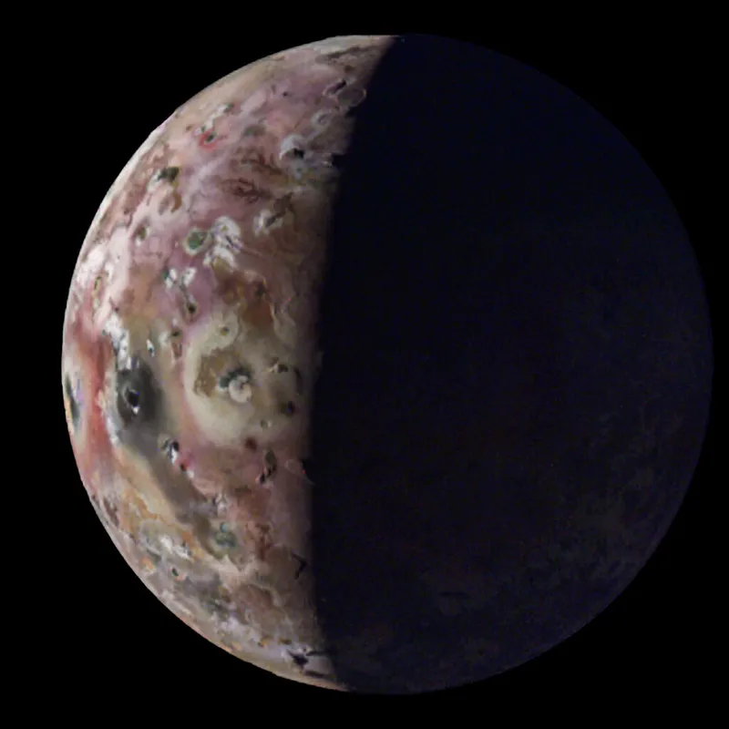NASA’s Juno spacecraft image of Jupiter’s moon Io — with the first-ever image of its south polar region — during the spacecraft’s 60th flyby of Jupiter on 9 April  2024. Credit: Image credit: NASA/JPL-Caltech/SwRI/MSSS. Image processing: Gerald Eichstädt/Thomas Thomopoulos (CC BY)