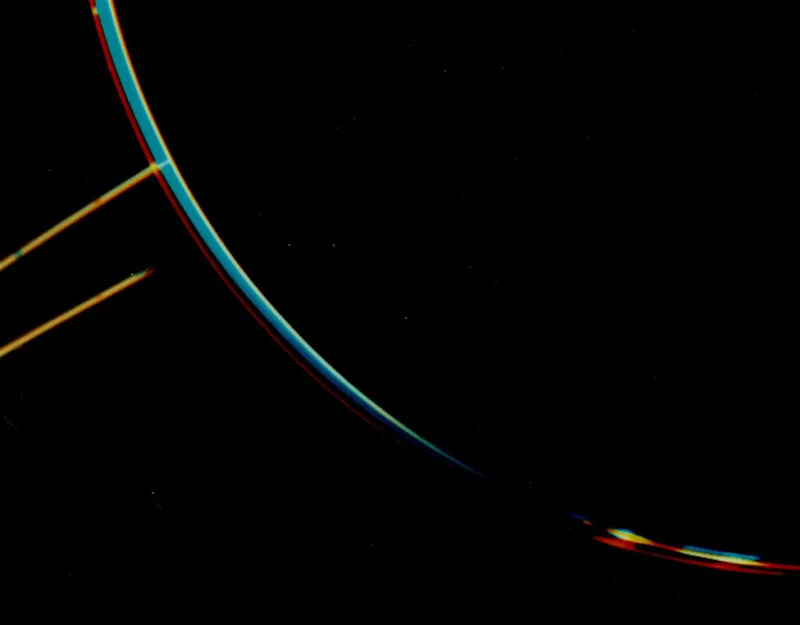 Jupiter's rings seen as two light orange lines, captured by Voyager 2 from a distance of 1,450,000km (900,000 miles). Credit: NASA/JPL