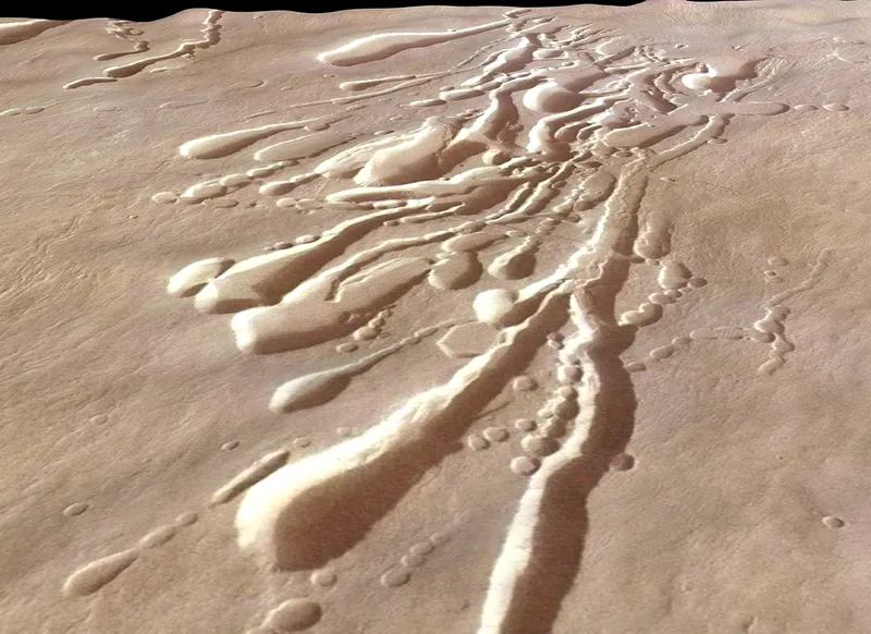 Lava tubes on Mars volcano Pavonis Mons, as seen by ESA's Mars Express orbiter. Credit: ESA/DLR/FU Berlin (G. Neukum)