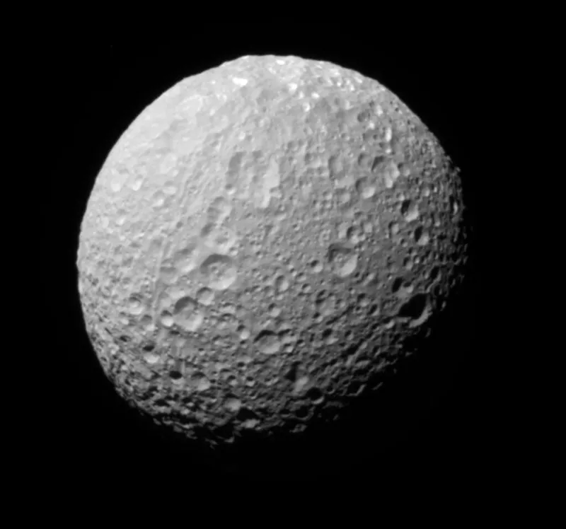 The other side of Mimas! A view towards the southern hemisphere on the anti-Saturn side of Mimas. Credit: NASA/JPL/Space Science Institute