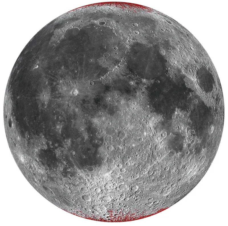 Enhanced map of hematite (red) on the Earth-facing side of the Moon. Credit: Shuai Li