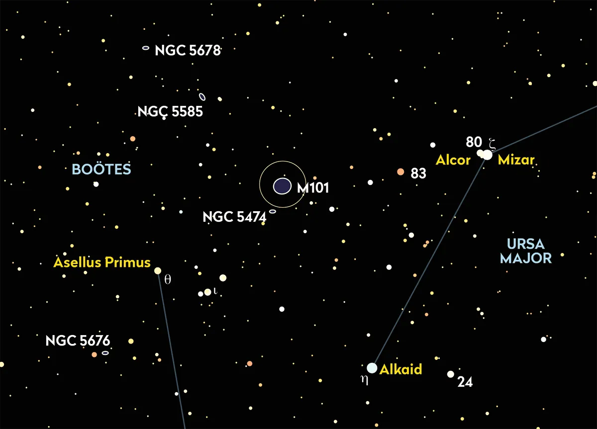 Chart showing the location of the Pinwheel Galaxy. Credit: Pete Lawrence