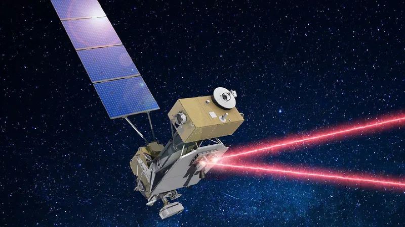 A spacecraft firing to red lasers into space