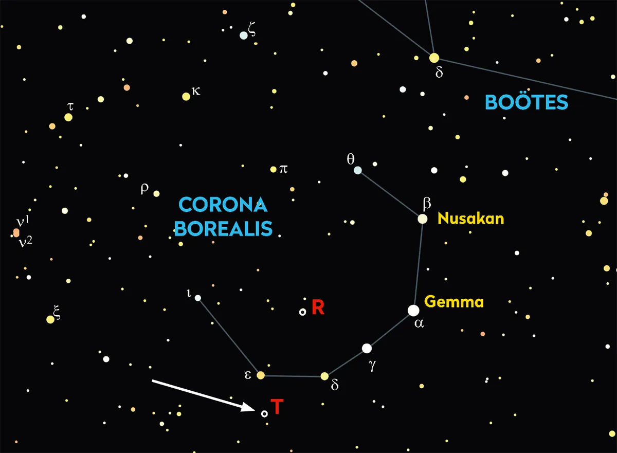 Chart showing the location in the sky of the T Coronae Borealis nova event. Credit: Pete Lawrence