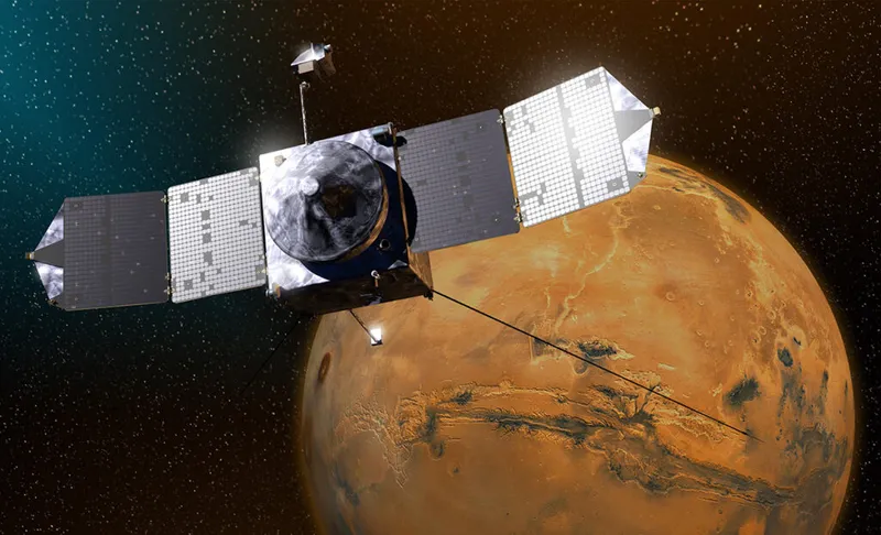 Artist's impression of NASA’s Mars Atmosphere and Volatile EvolutioN (MAVEN) orbiter. Credit: NASA/GSFC Full Image Details