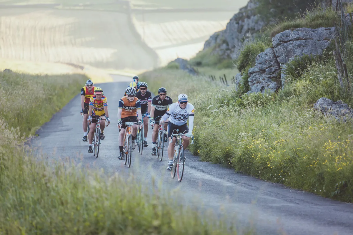 Riders on the roads of the English Peak District during Eroica Brittania 2017