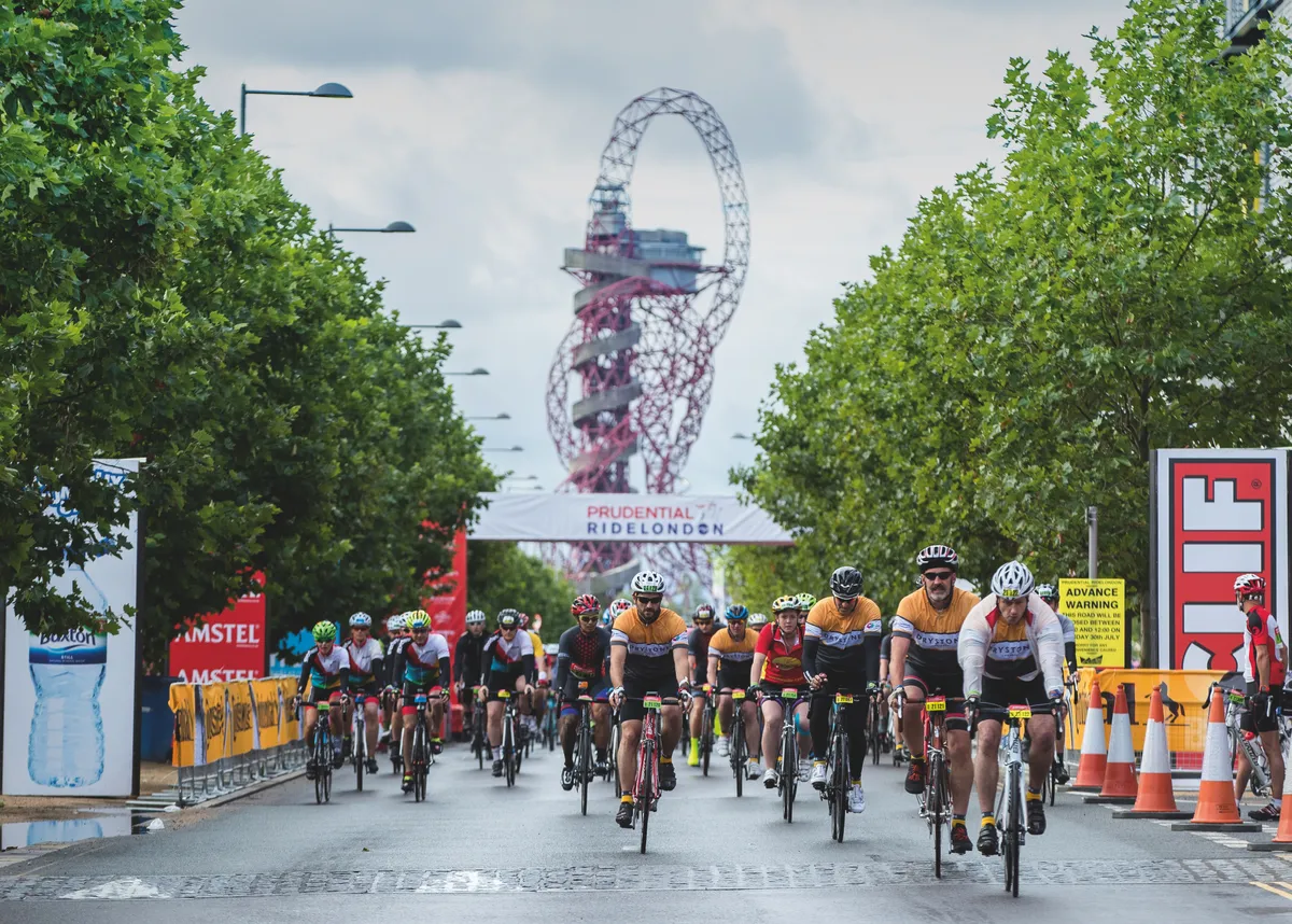 The riders cross the start-line in Stratford as they start the 2017 Prudential RideLondon-Surrey 100