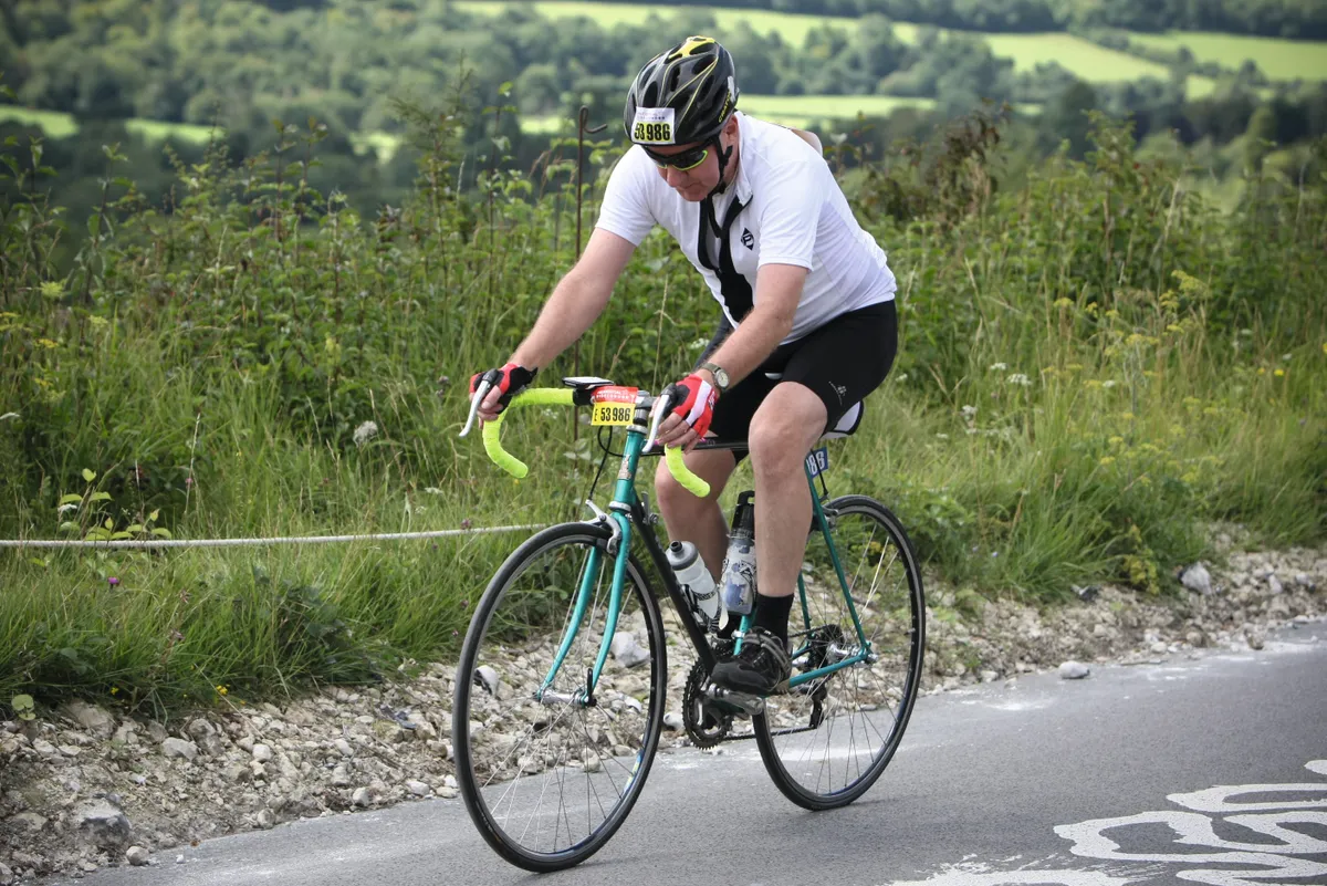 Cycling Plus writer Simon Withers climbs Box Hill in Surrey during the 2017 Prudential RideLondon-Surrey 100.