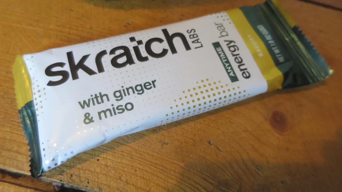 The Miso and Ginger energy bar tastes like a mouthful of Japanese rice snacks, in a good way