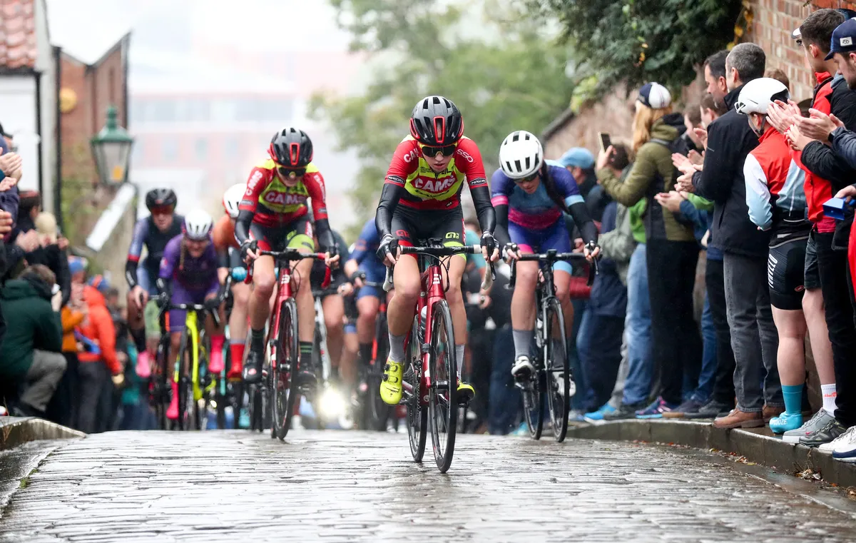 LINCOLN, ENGLAND - OCTOBER 17: Illi Gardner of Cams-Basso reaches the top of Michaelgate hill during the Women's HSBC UK National Road Championships on October 17, 2021 in Lincoln, England. (Photo by George Wood/Getty Images)