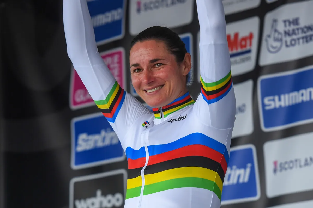 Picture by Richard Blaxall/SWpix.com - 10/08/2023 - Road Cycling - 2023 UCI Cycling World Championships - Dumfries & Galloway, Scotland - Women’s C5 Individual Time Trial Podium - Sarah Storey of Great Britain celebrates winning The Rainbow Jersey