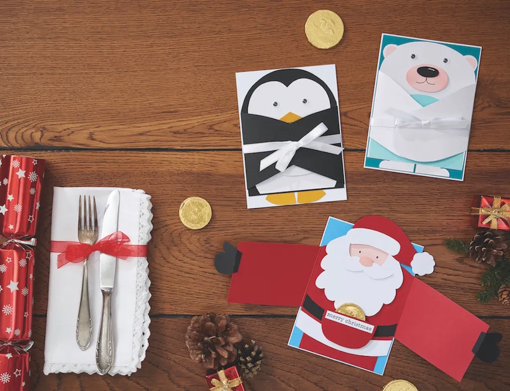 Penguin, Polar Bear and Santa Christmas card templates