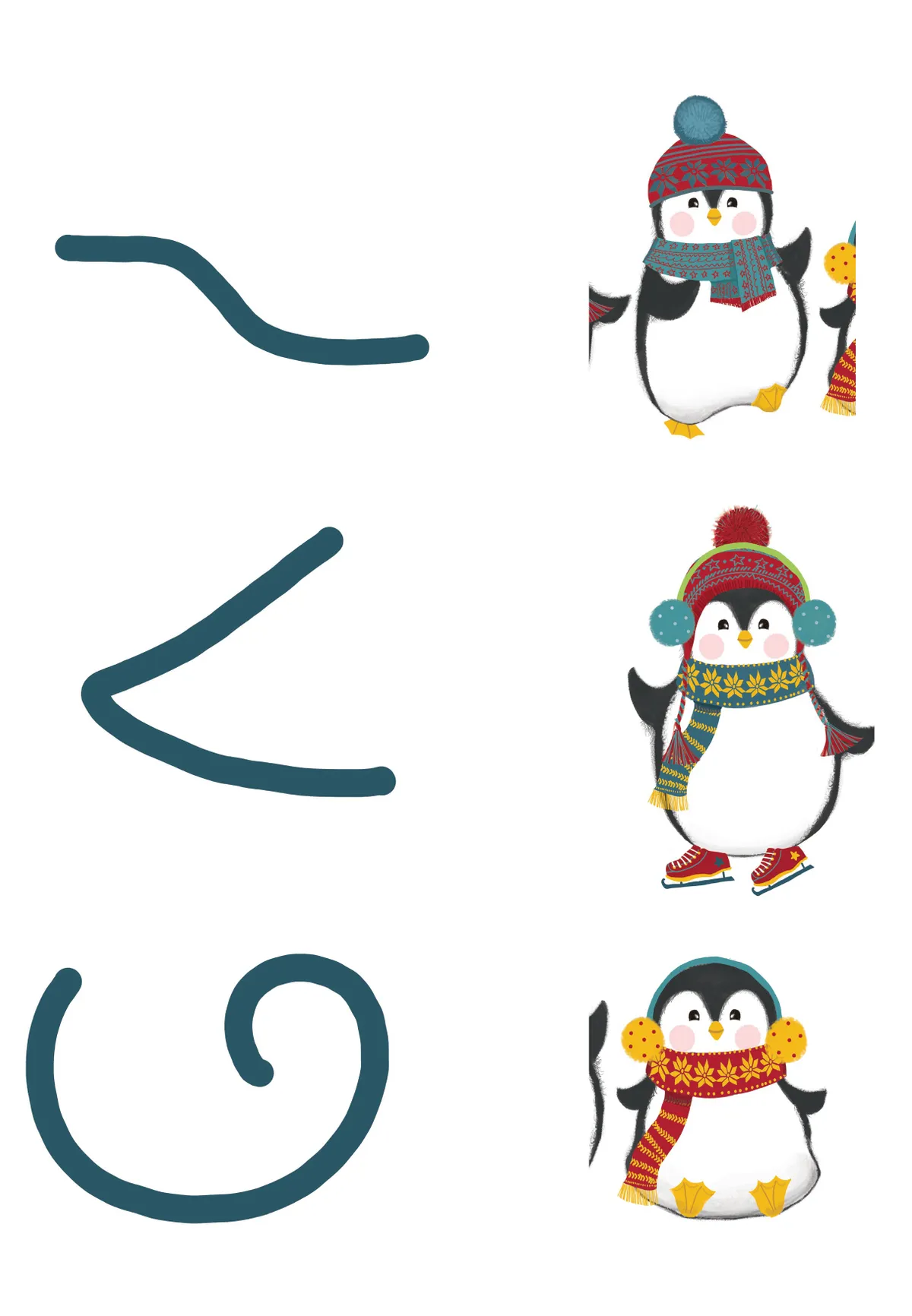 Penguins wearing scarves and hats
