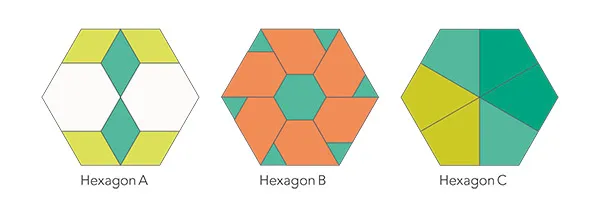 three patchwork quilt hexagon designs