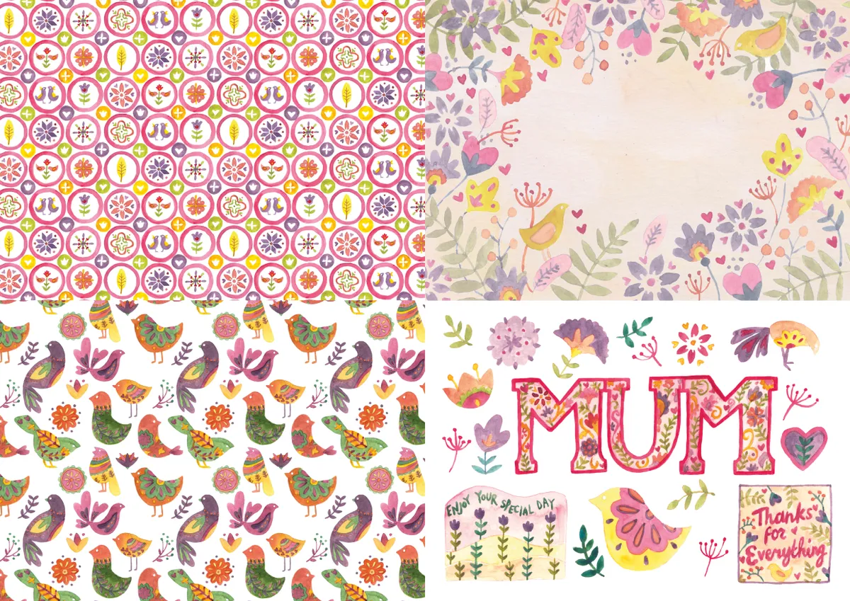 Floral watercolour Mother's Day papers set 1