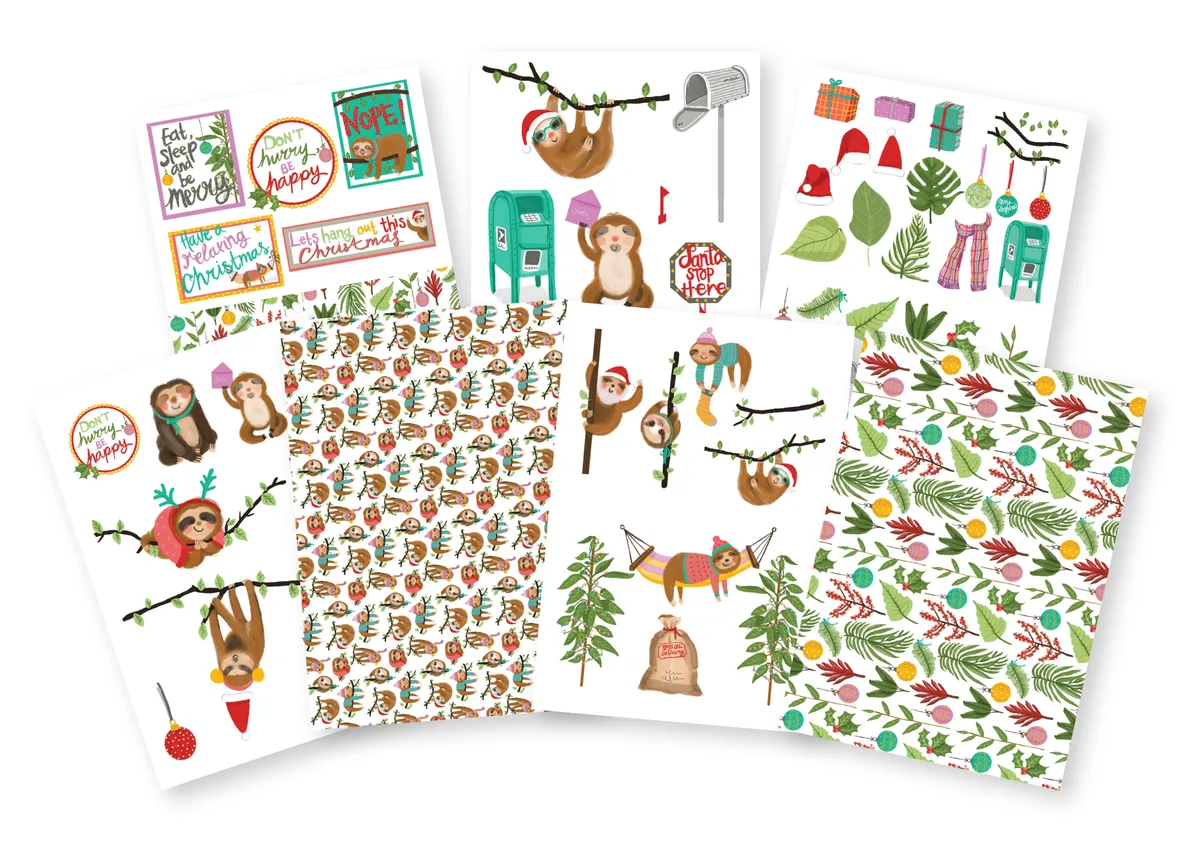 Sloth Christmas cards - free patterned papers
