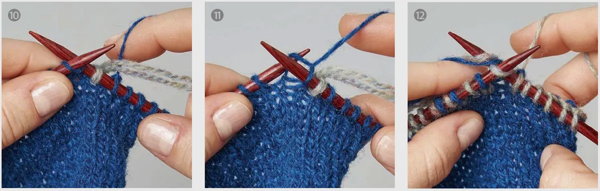 How to join yarn in knitting steps 10-12