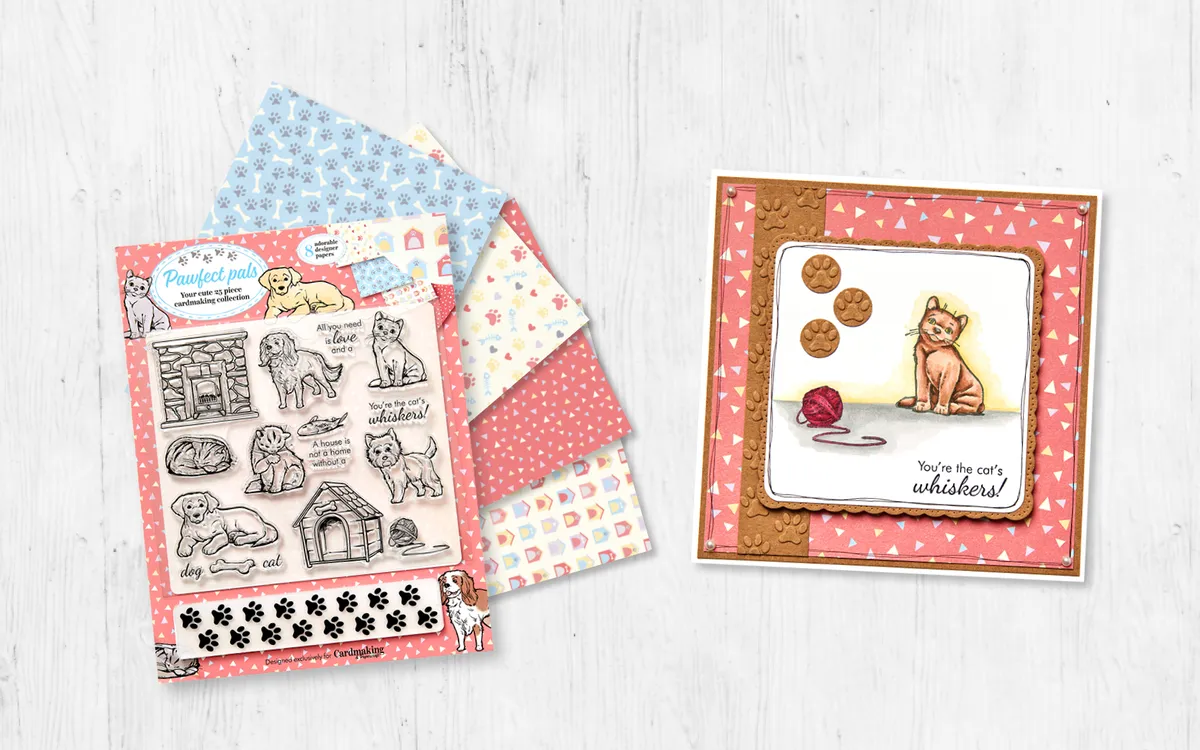 Pawfect Pals cover gift card from issue 204 of Cardmaking & Papercraft