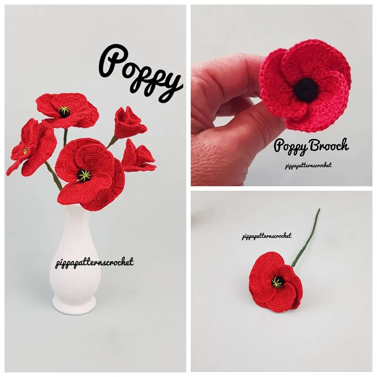pippapatterns crochet poppy brooch and bouquet