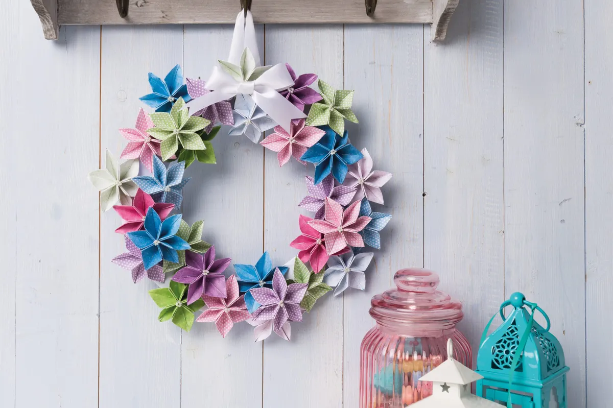 Origami paper flower wreath