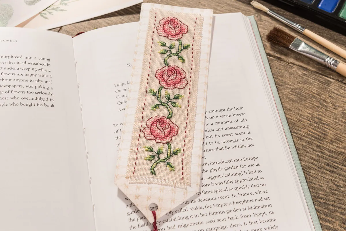 cross stitch bookmark rose