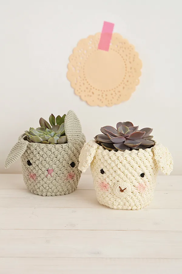DIY plant pots crochet lamb and bunny patterns