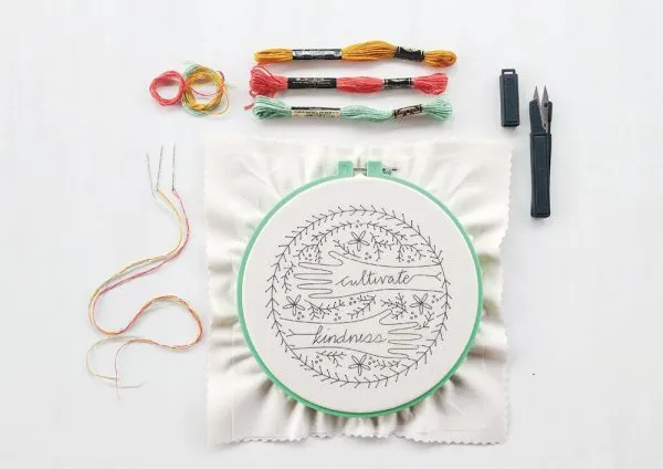 Floral embroidered hoop art materials