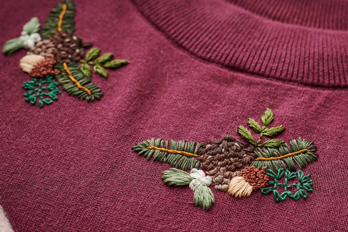 Jenny Billingham Flynn and Mabel pine needle jumper Love Embroidery issue 19